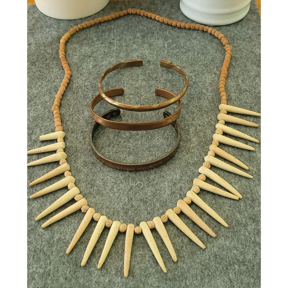 Vintage Boho Jewelry Lot of 3 Copper Cuffs & Clay-Style Spike Necklace